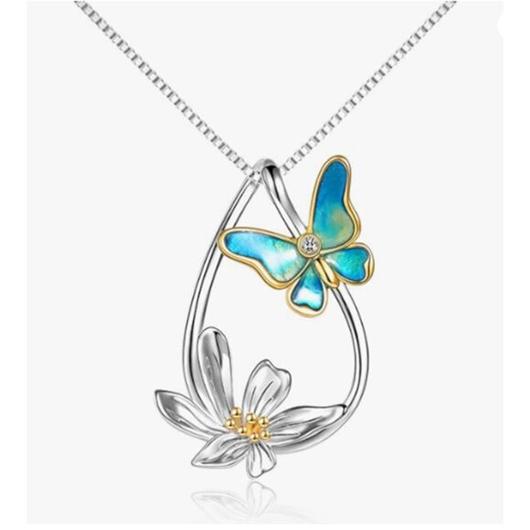 925 Sterling Silver Teardrop Blue Enamel Butterfly & Daisy Flower Necklace - Picture 4 of 10